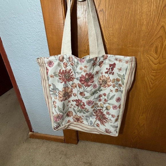 Floral Canvas Tote Bag with Cream and Pink Design - Picture 1 of 3